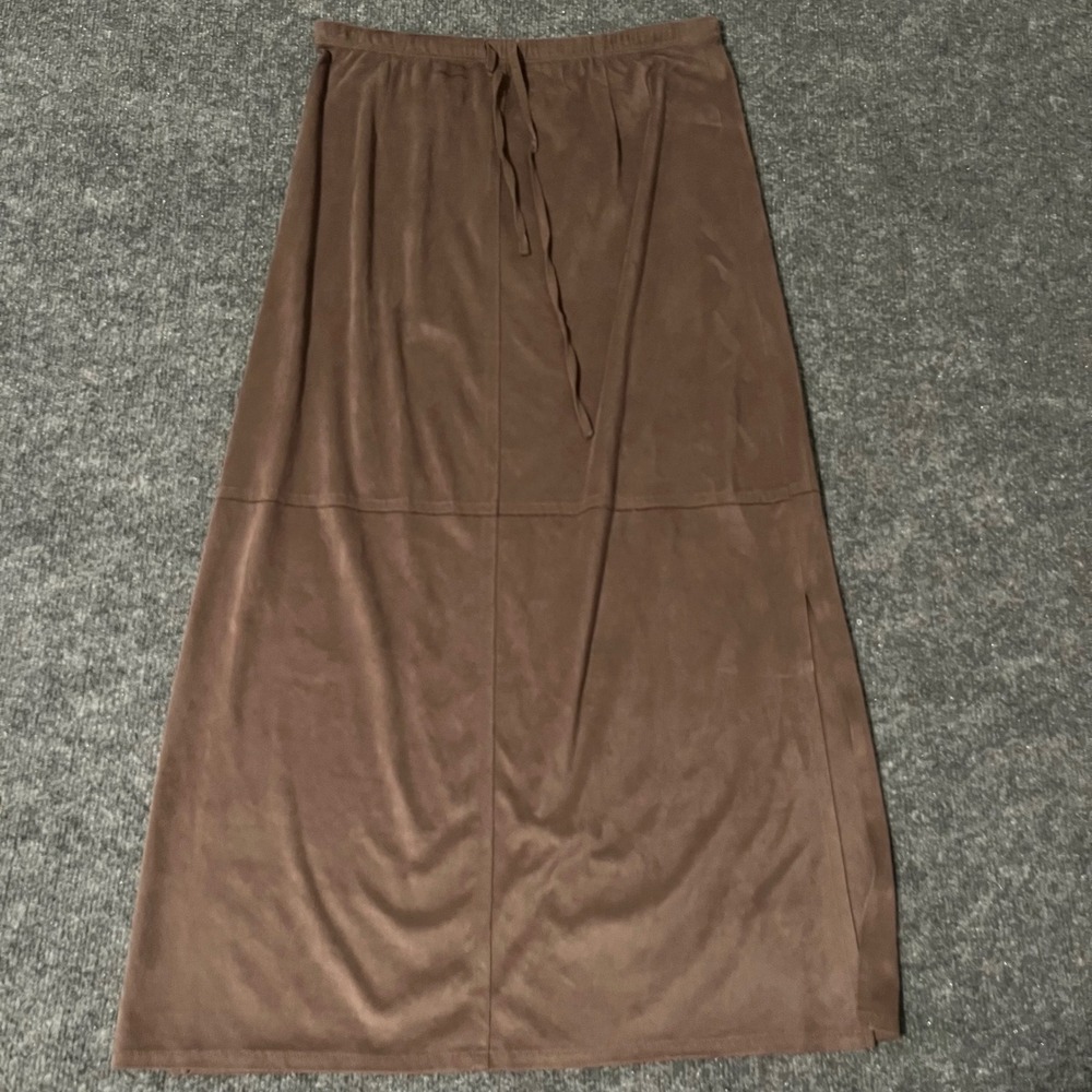 J. Jill Brown Faux Suede Maxi Skirt Petite Small Elastic Waist Side Slit A-Line